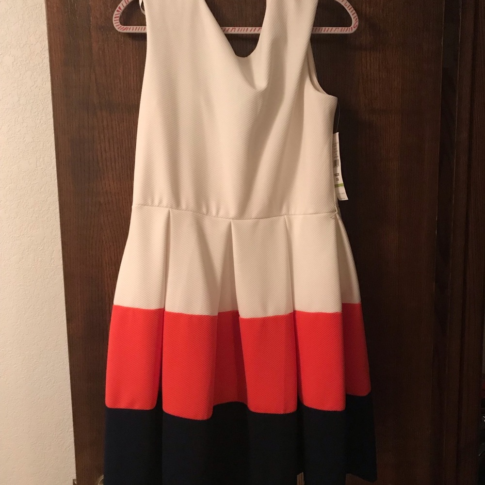 Tiana B White, Coral, and Navy Color Block Dress